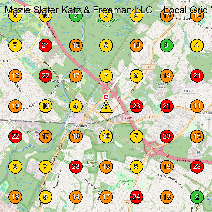 Mazie Slater Katz & Freeman LLC Personal Injury Attorney GeoGrid ranking map for Roseland NJ